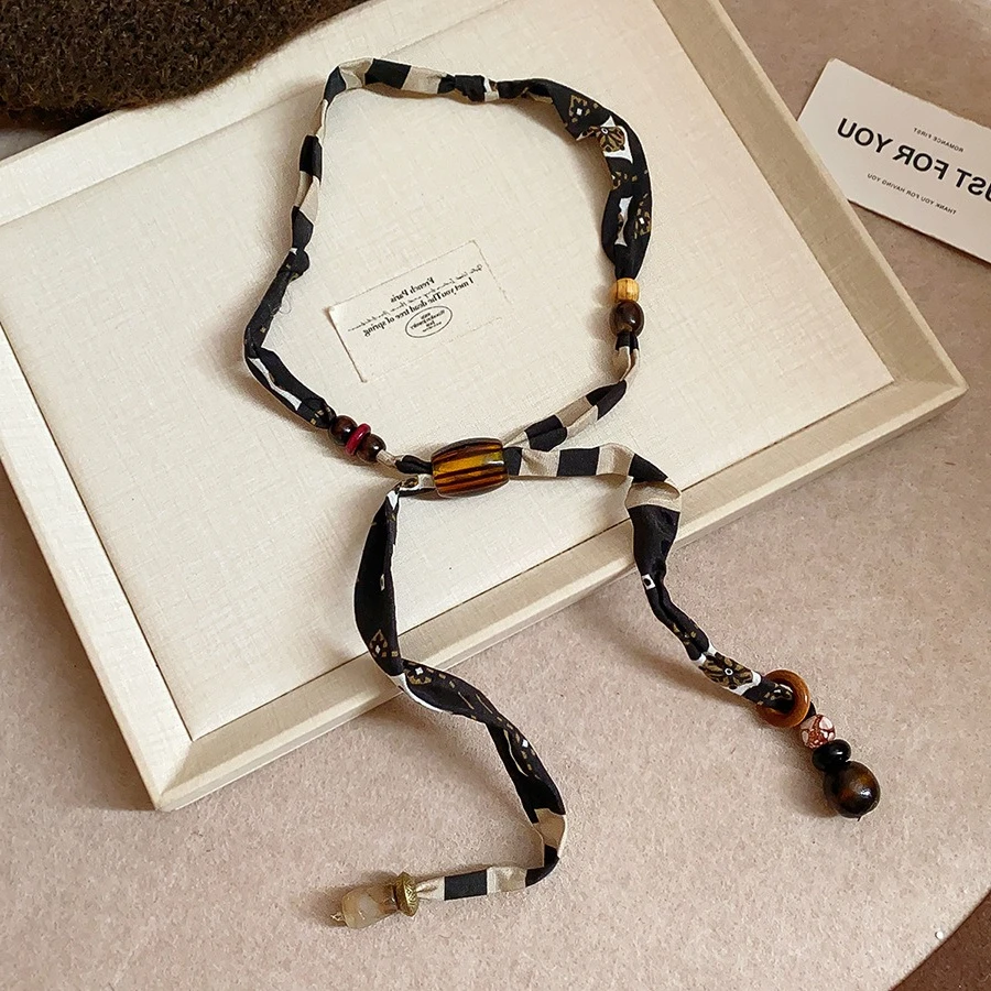 Striped Print Cloth Chokers Necklaces Multicolor Acrylic Wood Bead Pendant Necklace Ethnic Style Travel Jewelry Accessories F1