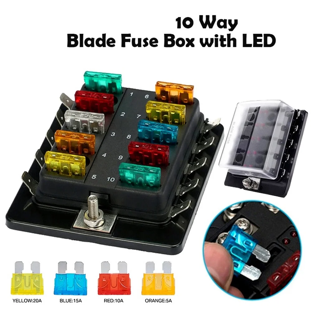 

10 Way Blade Fuse Box Holder with LED Warning Light for Car Boat Marine Trike 12V 24V