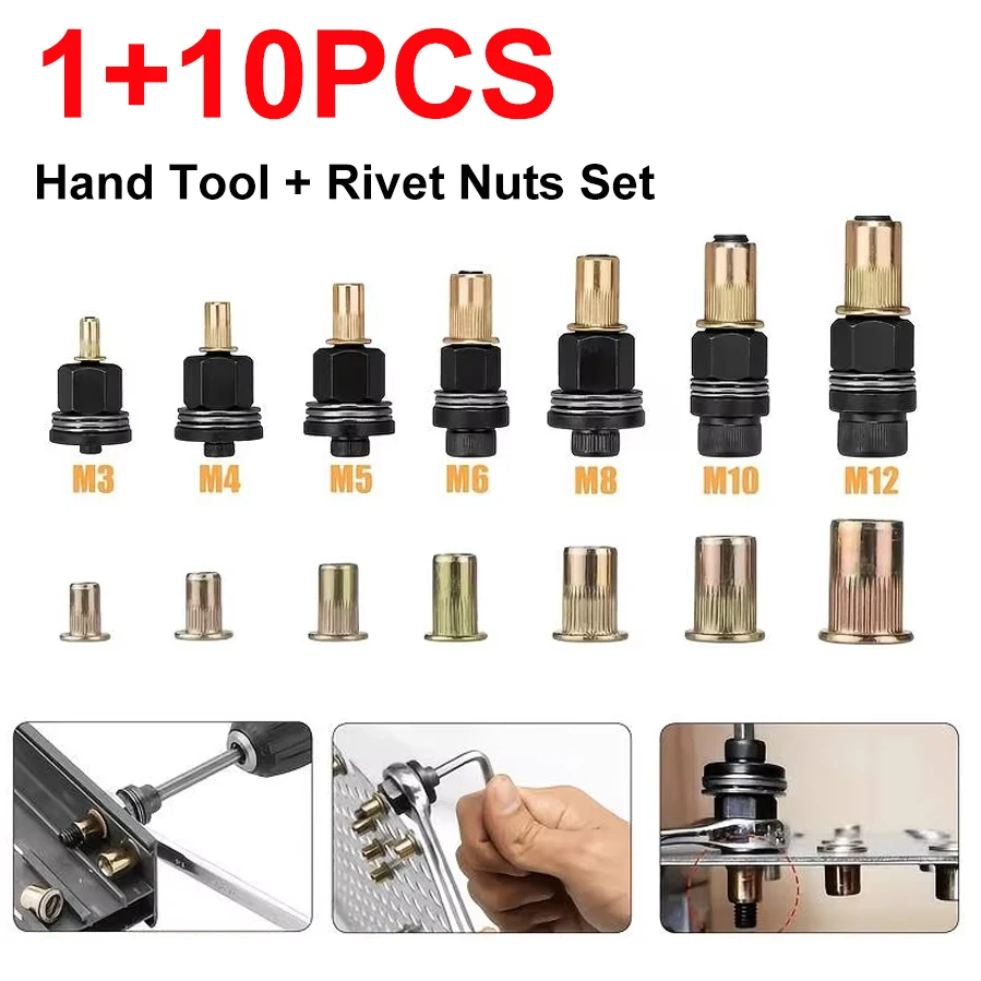 11pcs Hand Rivet Nut Head Set Rivet nut tool Manual Riveter Rivnut Tool Accessory for Nuts M3 M4 M5 M6 M8 M10 M12 Simple install