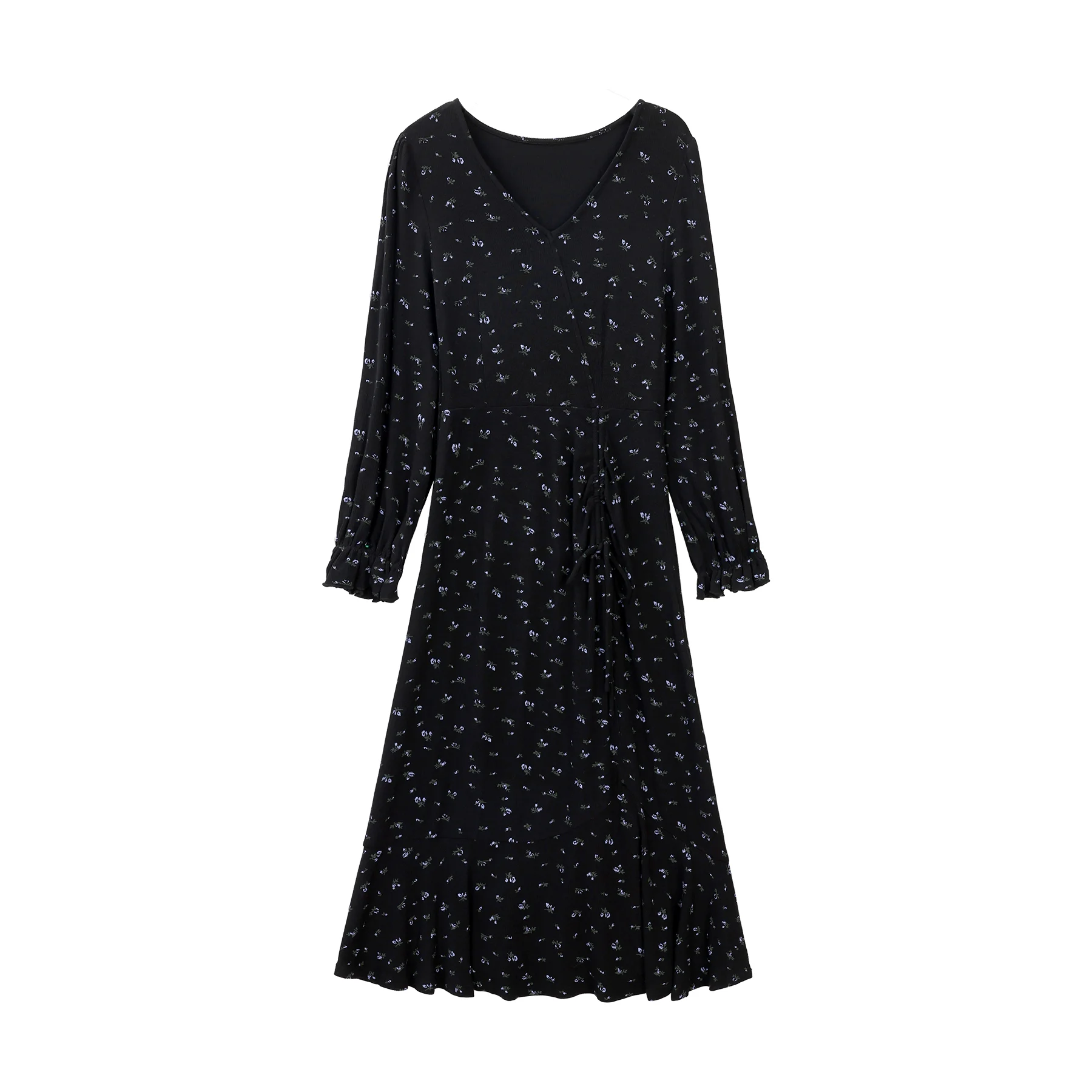 ALXNAN Damenkleid Schwarz Floral Lange A-Linie V-Ausschnitt Kleider 2025 Herbst Elegante Urlaub Langarm Kleidung Weiblich DYL661155