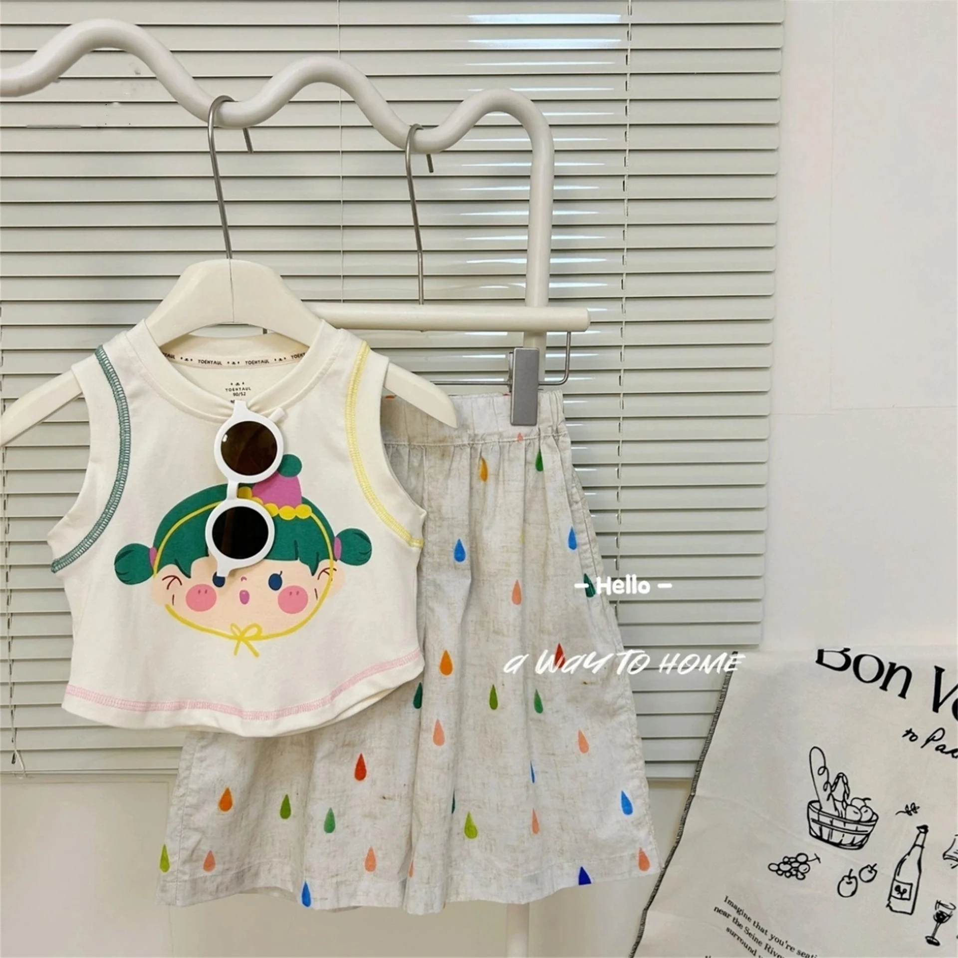 Girls Summer Fashion Pants Sets Cartoon Print Sleeveless Pullover Vest+Colorful Water Droplet Wide Leg Trousers 1-6Y Children
