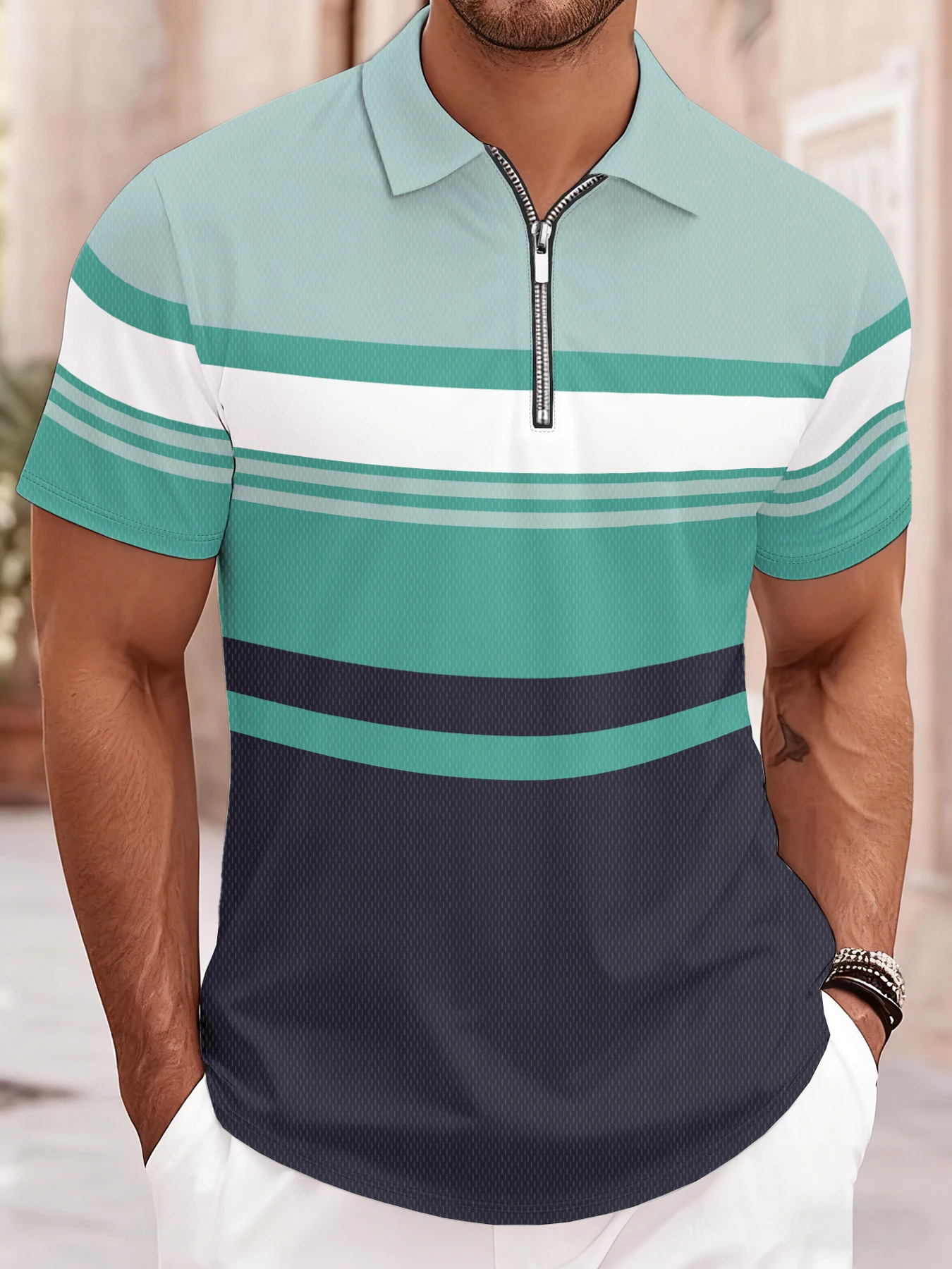 Polo con Cierre para Hombre, Estilo Verano 2026, con Estampado de Rayas 3D, para Uso Casual en la Calle, Cómodo y Suave