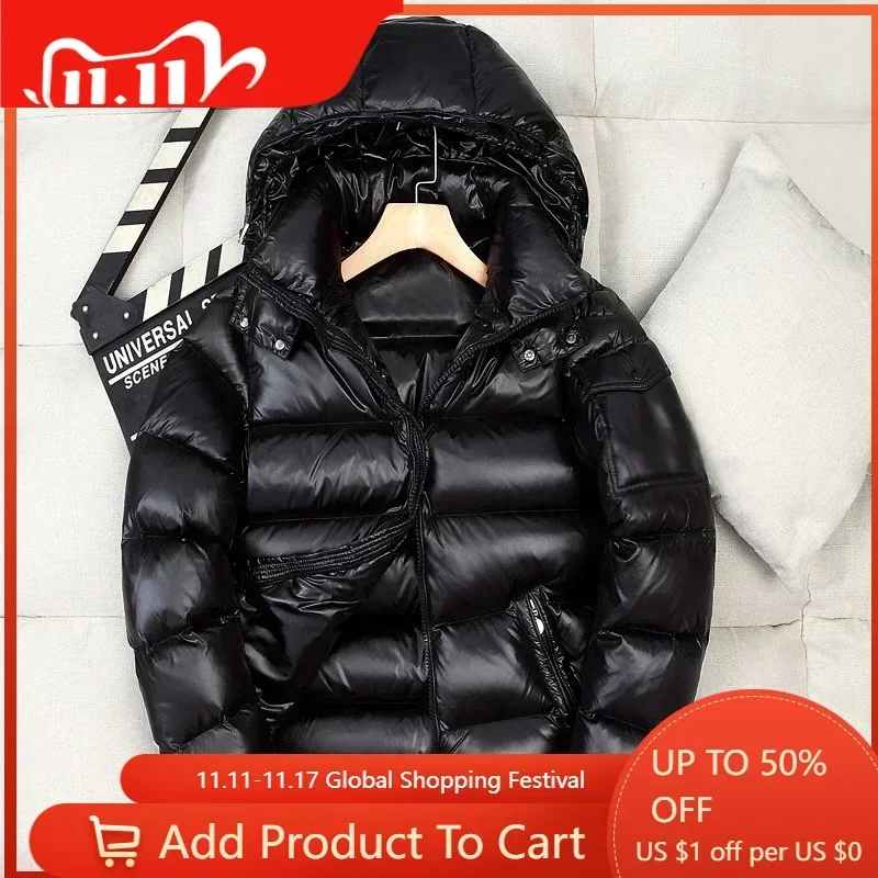 New Winter Men Shiny Puffer Jackets Hooded Casual White Duck Down Coats High Quality Male Outdoor Windproof Warm Jackets 3XL