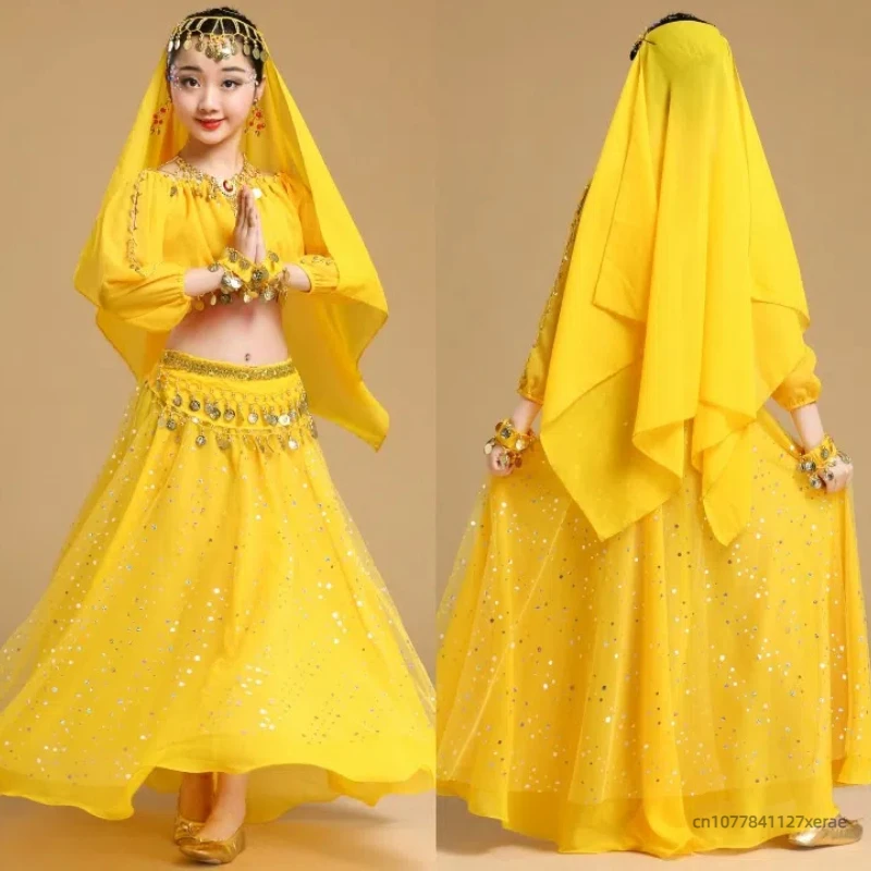Traje de performance de dança indiana infantil, conjunto adulto de manga comprida para performance de dança do ventre, fantasia de dança étnica para meninas