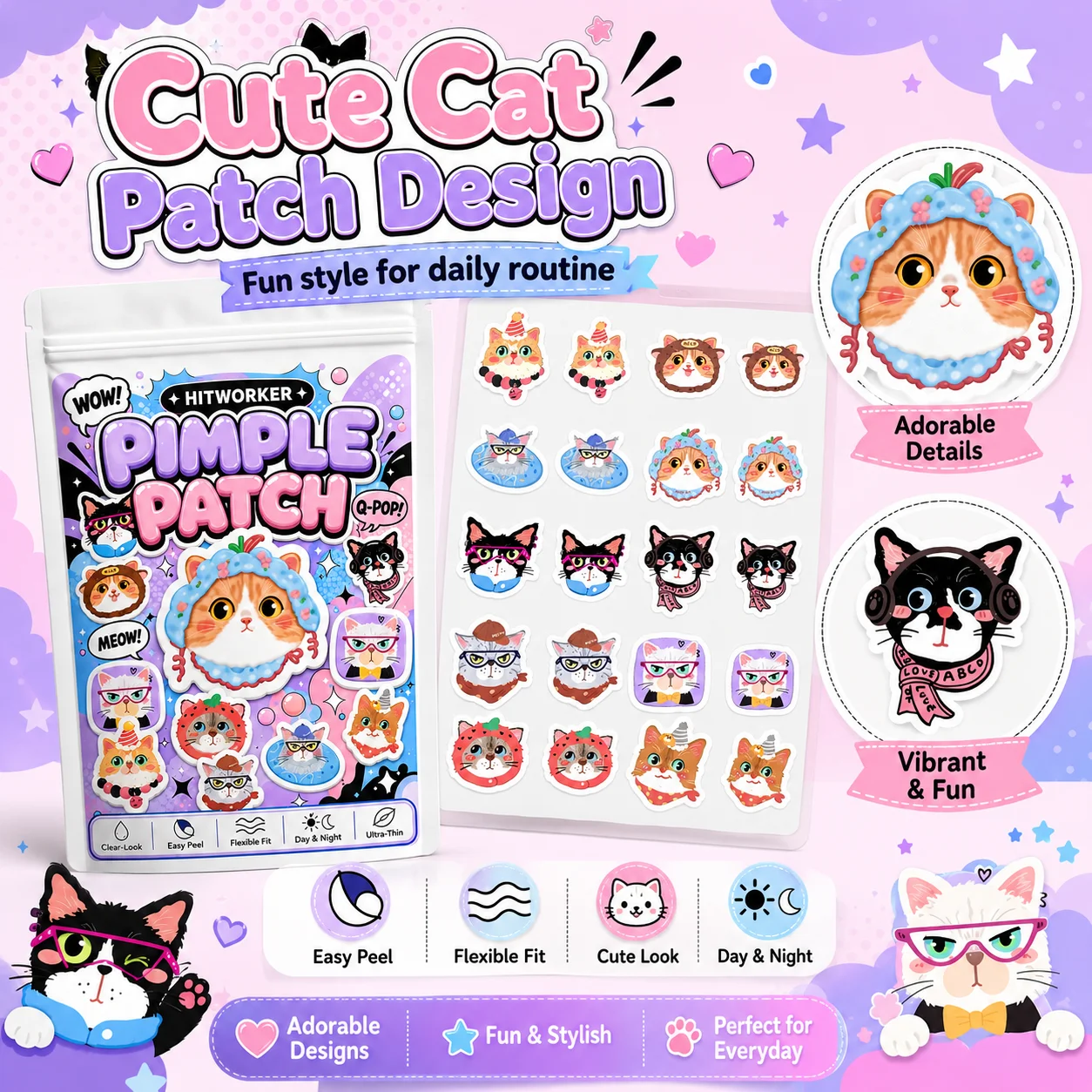 HITWORKER 200/100 Acne Patch |   Water Colloidal Cute Cat Acne Patch |   Effectively absorbs acne secretions and gently cleanses