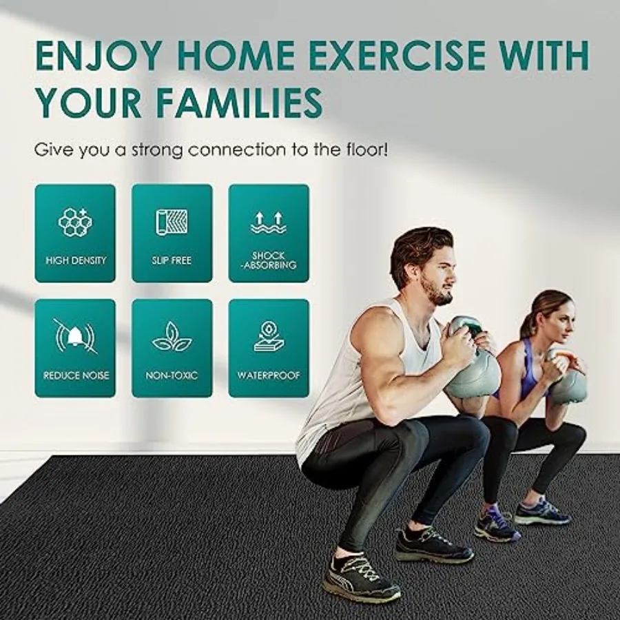 Large Exercise Mat for Home Gym Flooring, High-Density EVA Foam, Black, Extra Durable, Non-Slip, Non-Toxic, Shoe-Friendly