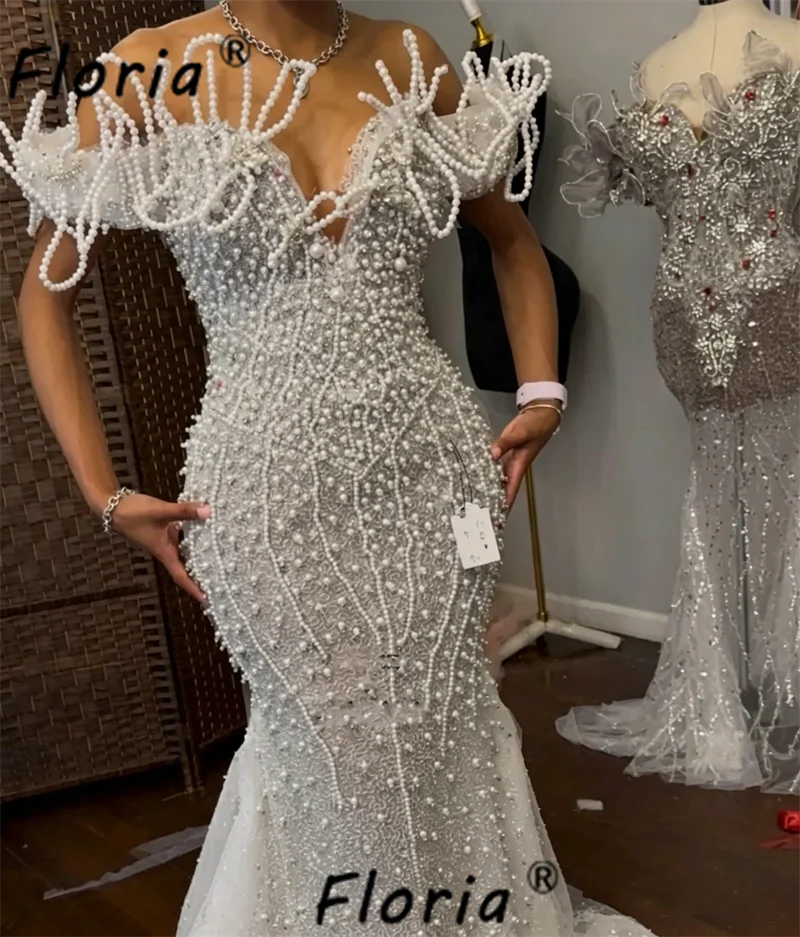 Modest Ivory Pearls Dubai Wedding Dress 4D Appliques Luxury Beads Bridal Gown Customized Formal Occasion Vestidos de noche Gala