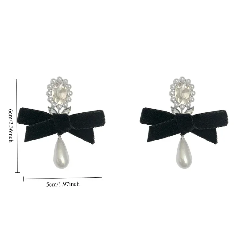 Vintage Velvet Black Bow Ear Clips Earrings 2024 Winter New Trendy Rhienstone Pearl Clip on Earrings Without Piercing for Women