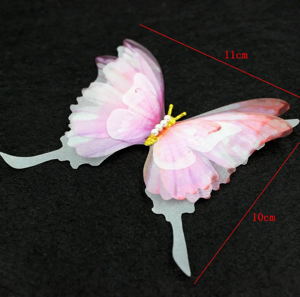 20pcs/lot 11cm Organza Fabric Chiffon Butterfly Five-Layers with Pearl Glitter Body for Hair Clips,Clothing Accesories