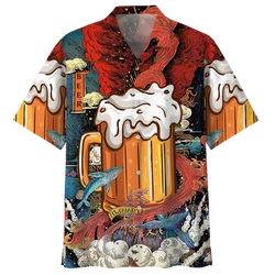 Chemise hawaïenne imprimée en 3D pour hommes, festival de la bière, vêtements d'été, rentabilité de la plage, chemises ha, revers, manches courtes, chemisiers à boutons en Y