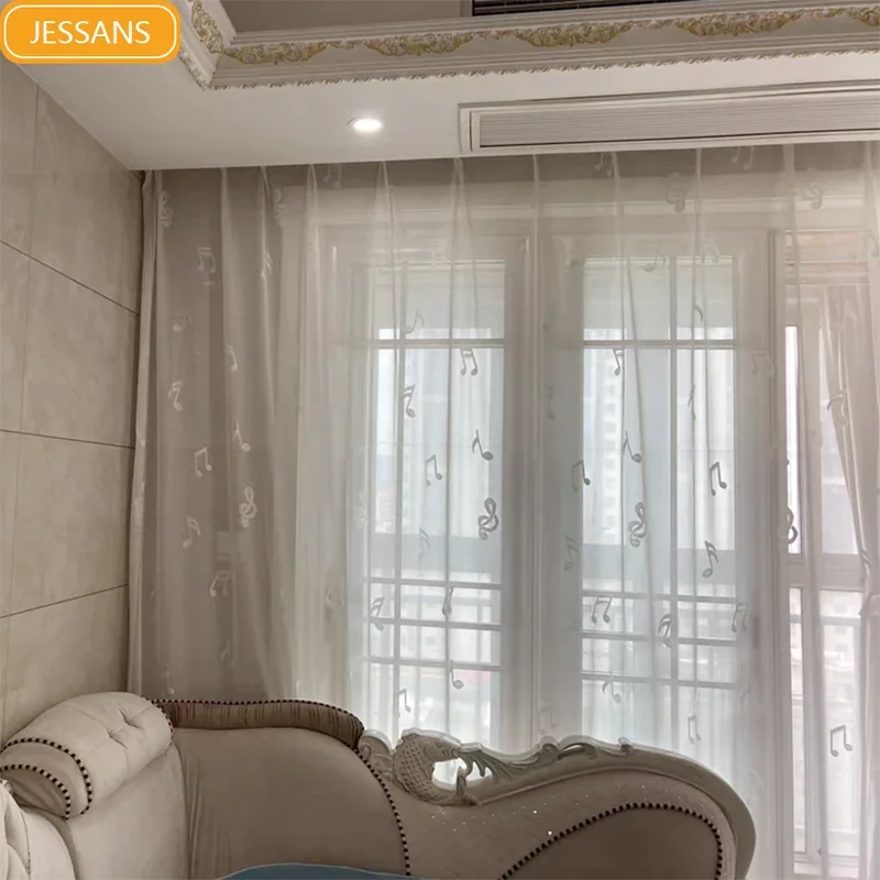 Music Symbols Embossed Jacquard Window Screen Curtains for Living Room Bedroom Dance Classroom Background