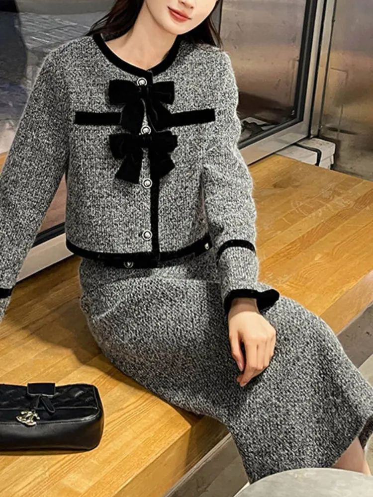 Fashion Commuter Grey Stitching Suit donna 2023 autunno inverno Bow monopetto cappotto a maniche lunghe + gonna lunga all\'anca Set a due pezzi