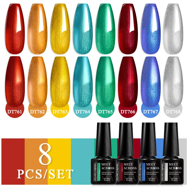 MEET ACROSS 8Pcs/Set Metallic Gel Nail Polish Sparkly Mirror Super Bright Red  Gold Mirror Effect Semi Permanent Nail Art Gel