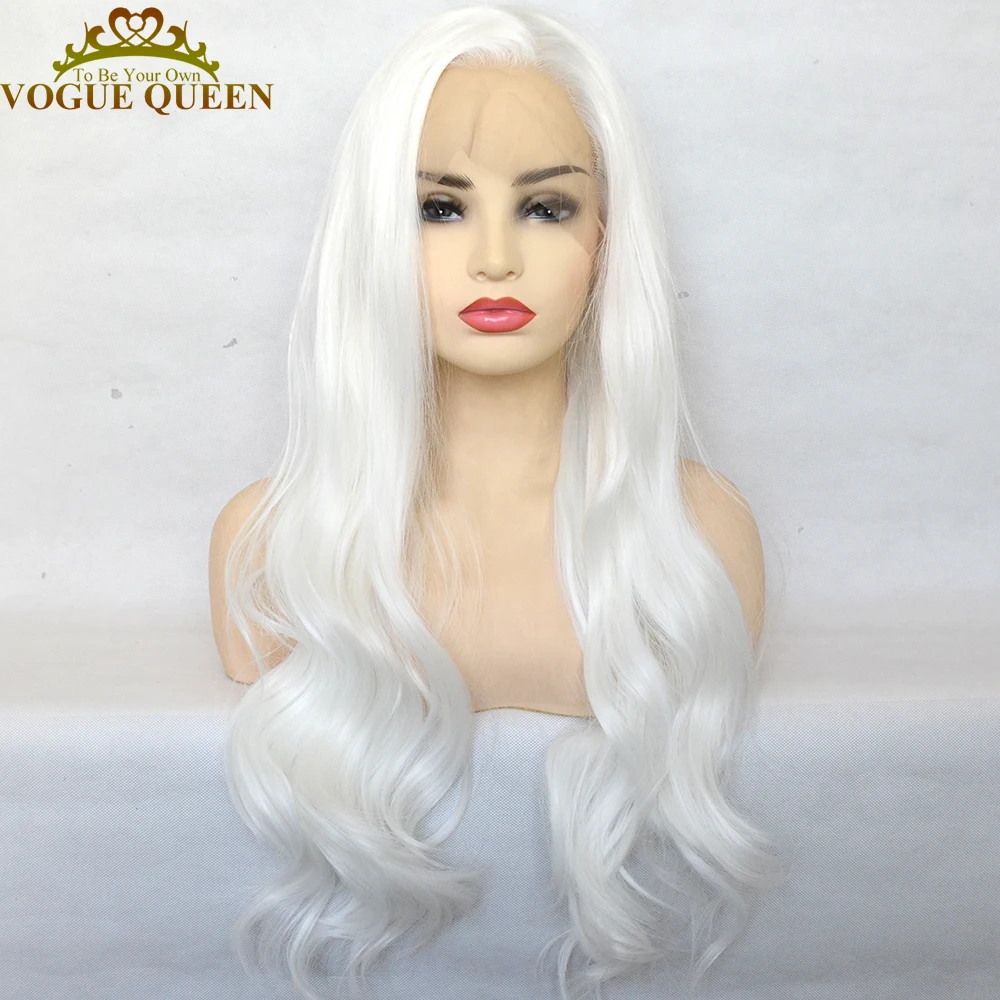 

Vogue Queen Platinum White Synthetic Lace Front Wigs Long Wave Heat Resistant Fiber Natural Hairline For Women