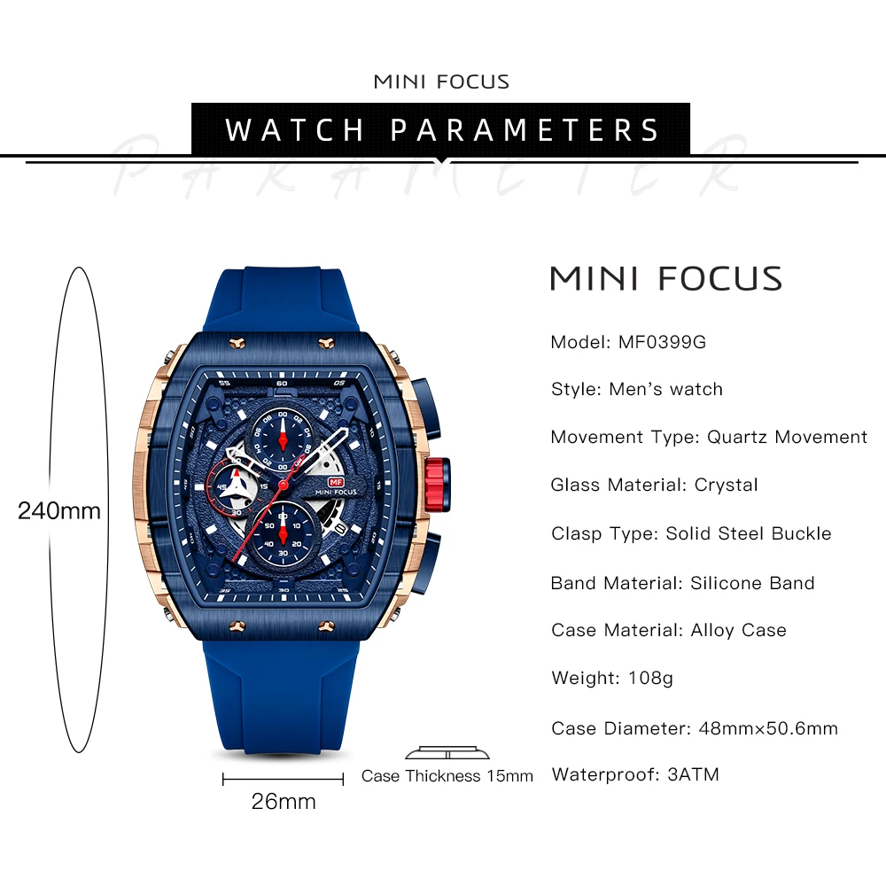 MF Men Watch Luxury Quartz Wristwatch Luminous Chronograph Date Sports Silicone Clock Man Watches Relogios