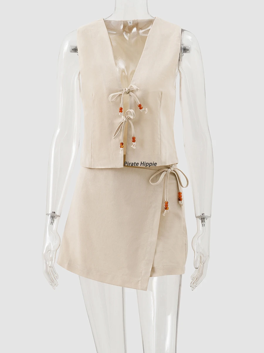 

Beading Lace-up Vest 2 Piece Set Women V Nek Sleeveless Crop Tank Top+Mini Skirt Summer Casual Fashion Bandage A-line Skirt Sets