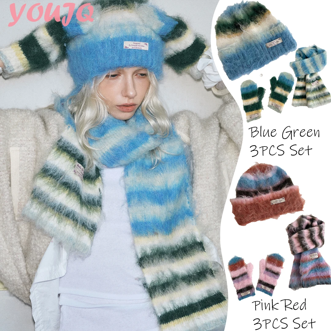Y2K Dopamine Striped Splicing Warm Women 3PCS Scarf Gloves Hat Set Autumn Winter Thick Thermal Female Scarves Soft Warm Muffler