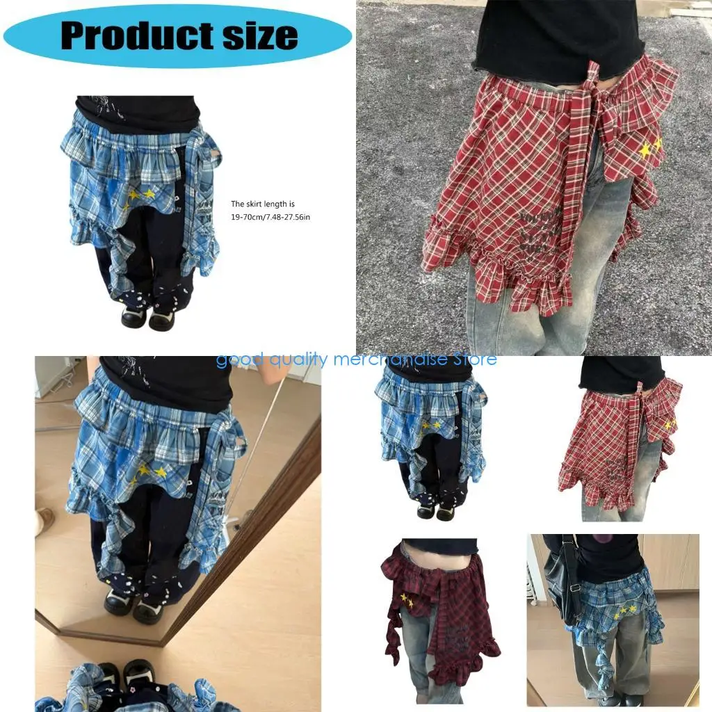 

Y5JD Women's Checekered Star A Line Apron Skirt Overlay Hip Covers Tie Up Cover Up Irregular Wrap Half Skirt Shirt Extender