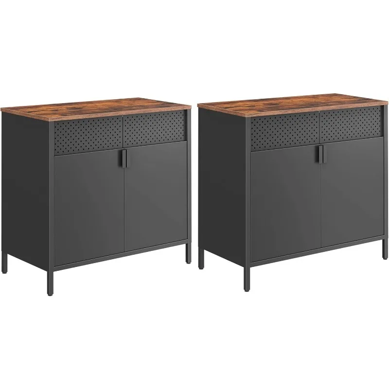 Storage Cabinets  Set of 2  Metal Cabinets  Sideboards with Doors  Adjustable Shelf  Magnetic Closure Rustic Brown and Black