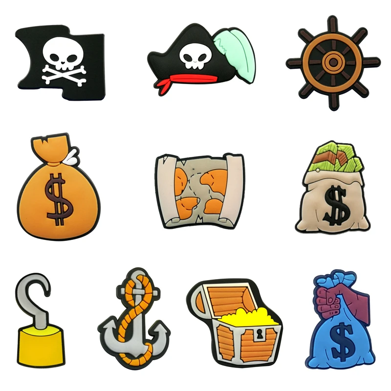 1Pcs Cartoon Pirate Style PVC Shoe Charms Decorations Treasure Map Anchor Hook Rudder Shoes Buckle Accessories Kid's Party Gifts