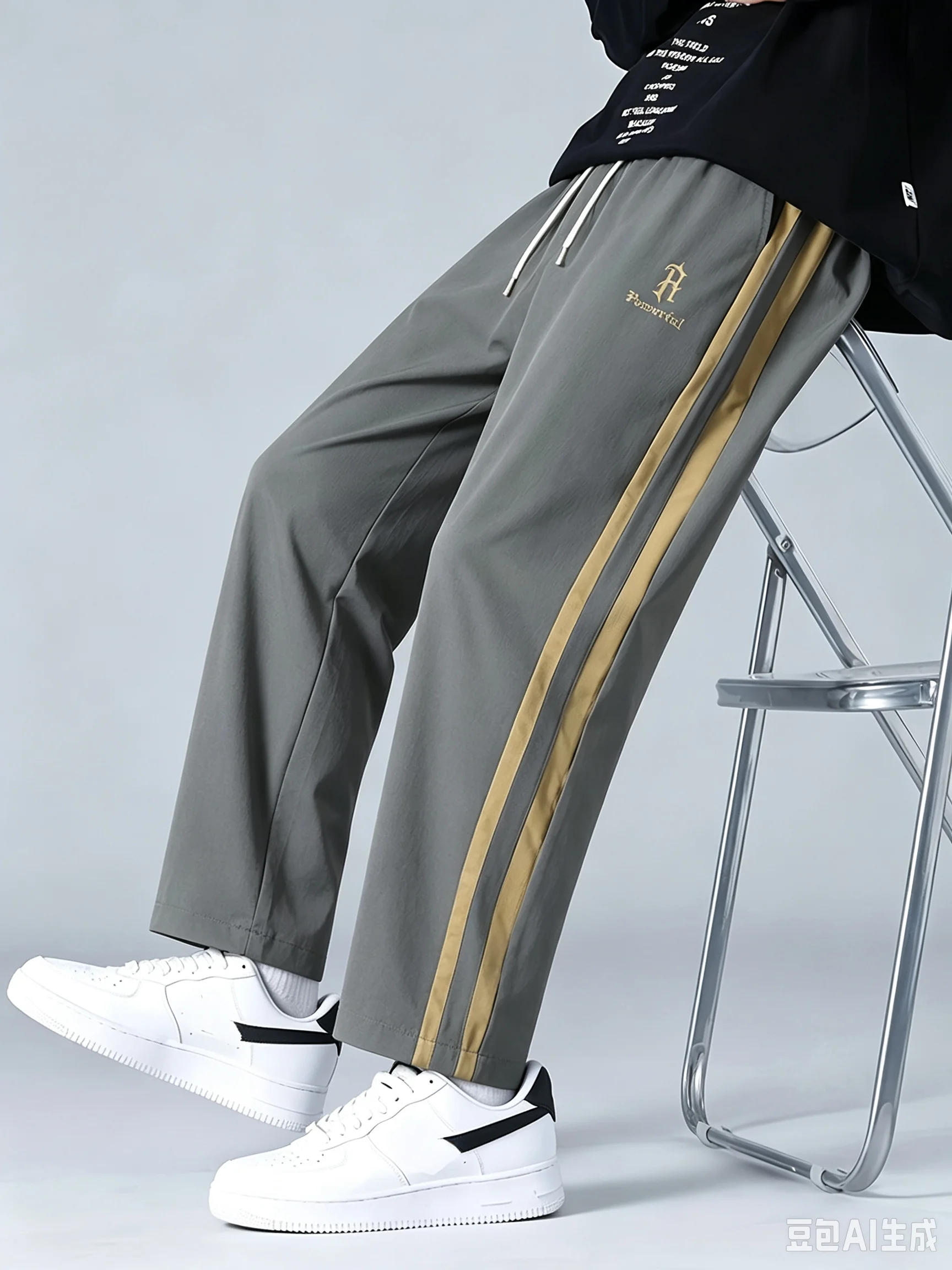 Vintage Sporty Men Straight Sweatpants Grey Side Contrast Gold Stripe Detail Drawstring Waist Casual Athletic Track Pants Kids