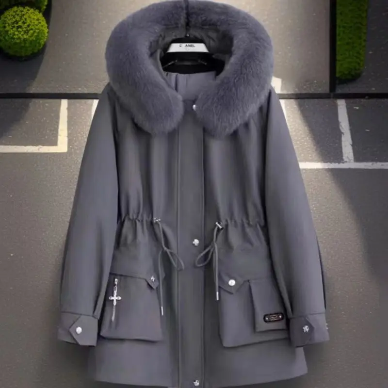 معطف سترة نسائي شتوي جديد لعام 2025 بياقة من الفرو الحقيقي وياقة من فرو الأرانب قابلة للإزالة كيت داخلي من الجلد الطبيعي