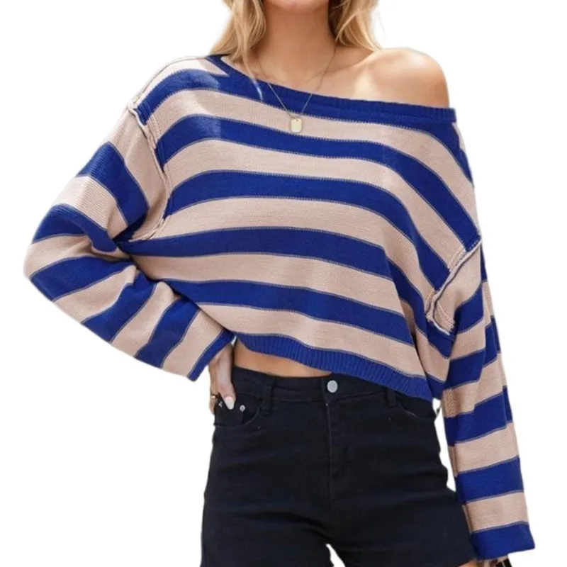 

Autumn New Women's Striped Mid Waist Short Sweater Retro Loose Pullover Long Sleeved Round Neck Pullover