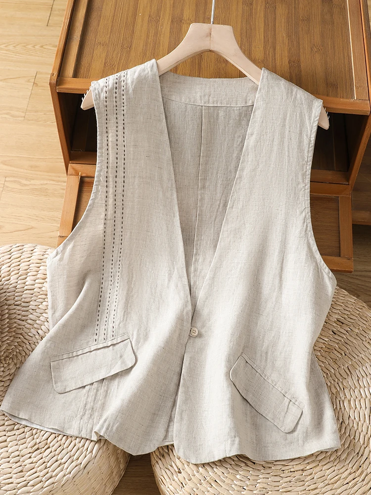 

Retro Artistic V-Neck Embroidered Cotton Linen Vest Top Layered Wear Sleeveless Large Size Women's Fashionable Tank Top