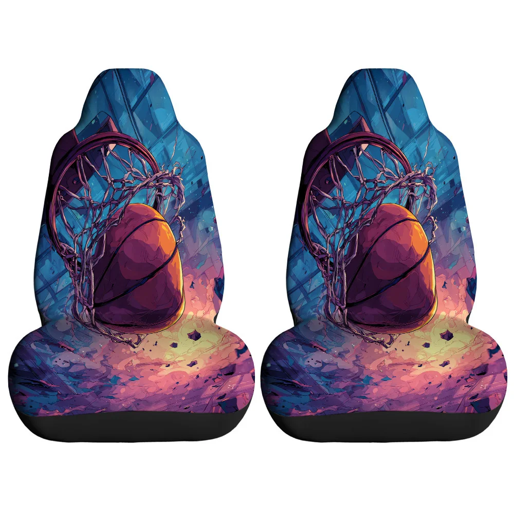 2pcs Basketball Net Breaking Wall Time Printed Car Seat Covers, Suitable For Sedans, Suvs, Mpvs, Trucks, Durable Polyester Mater