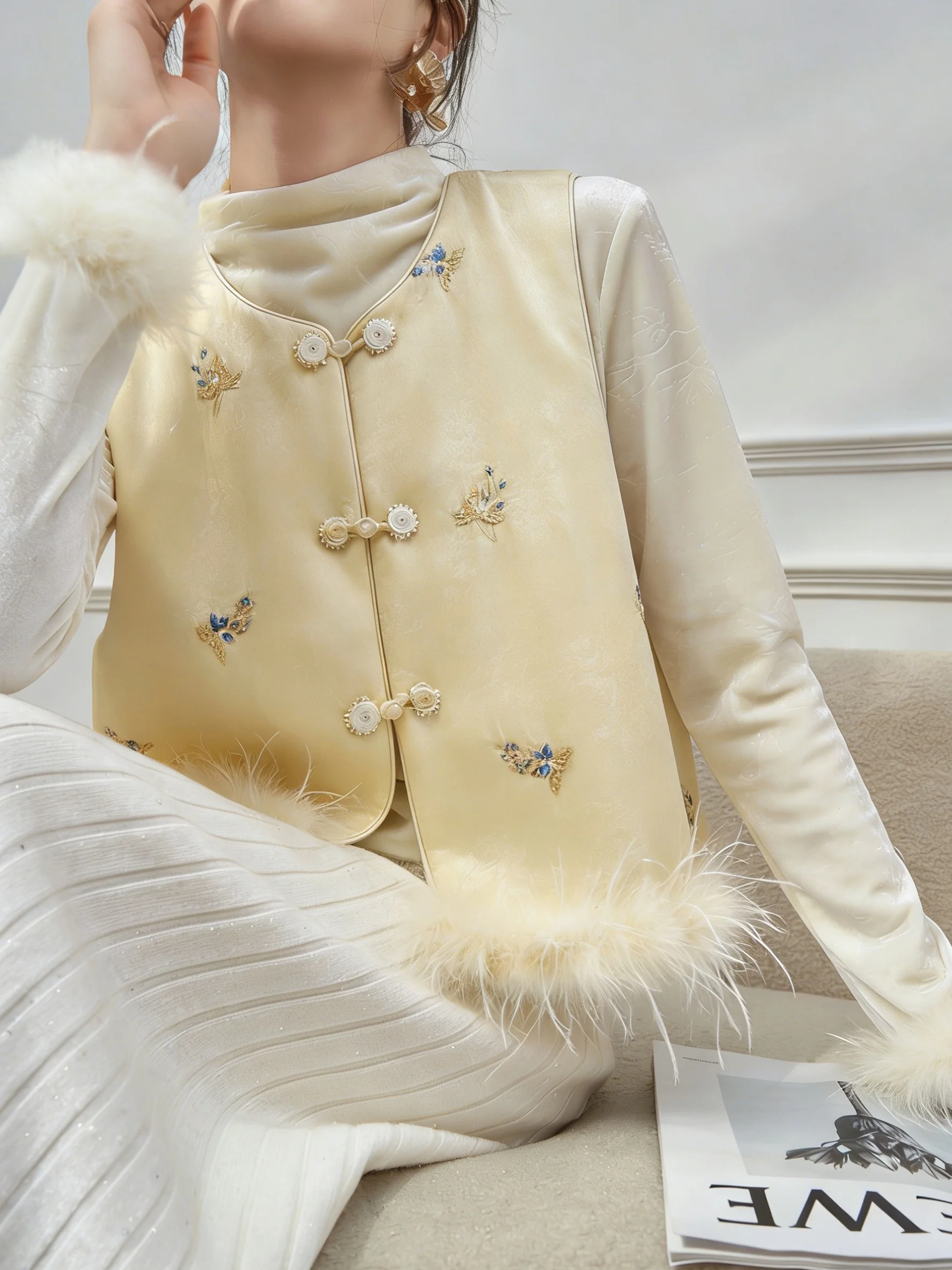 

Yellow Feather Splice Women's Vest And Skirt Set Spring Faion Casual Loose Fit Mid-Thi Button-Up Pure Color High Waist