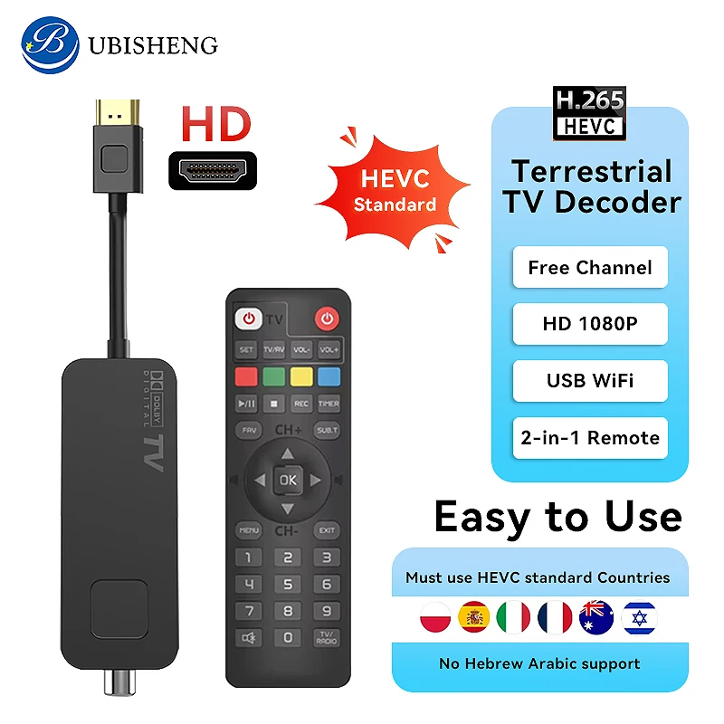For Europe DVB T2 DVB C Digital TV Decoder HD H.265 TV Tuner for Spain France Itlay Germany Poland The Netherlands,South America