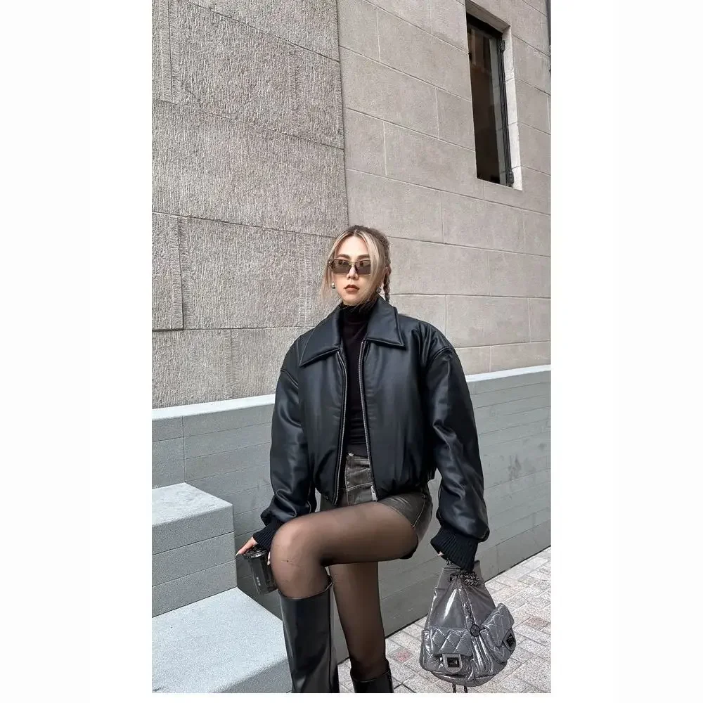 Pu Leather Puffer Cotton Padded Warm Black Warm Slim Crop Top Short Jacket autumn winter thickened cropped motorcycle coat y2k