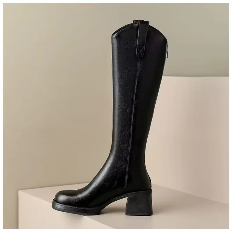 Botas hasta la rodilla con cremallera para mujer, Zapatos de tacón alto grueso Simple, novedad de otoño e invierno, 2024