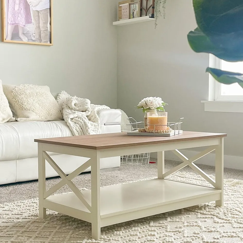 Coffee Table - Modern Coffee Tables with Storage for Living Room Shelf 2 Tiers, Farmhouse Coffee Table Set