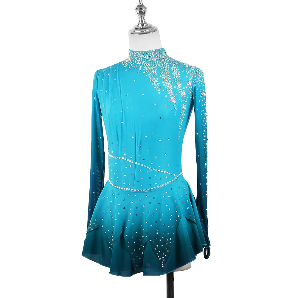 Sukienka łyżwiarska Zagitova dla kobiet i dziewcząt, spódnica do łyżwiarstwa figurowego, na występy i zawody, niebieski gradient, olśniewająca spódnica z siateczki.