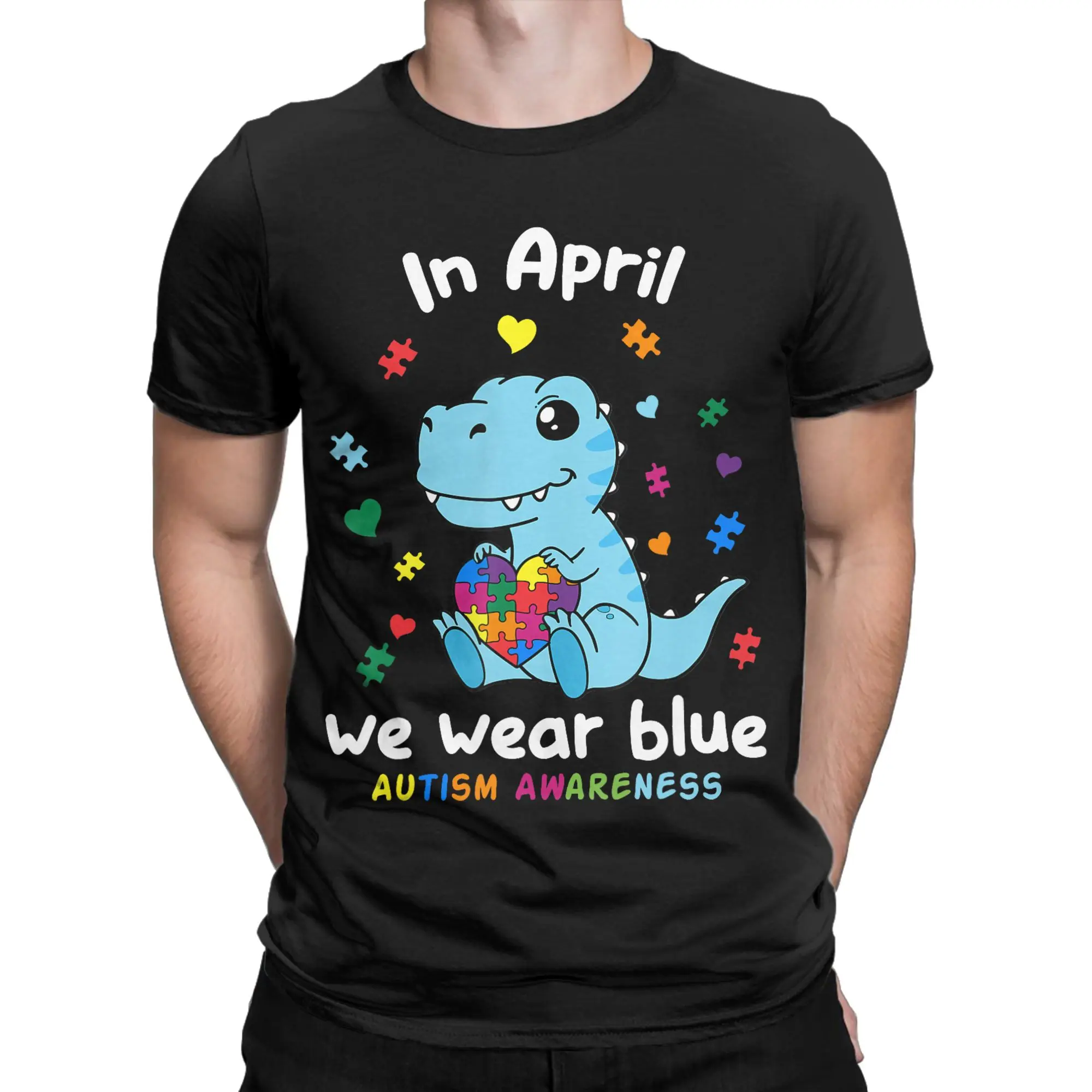 Vintage April We Wear Blue Autism Awareness T-Shirt for Men Round Collar Cotton T Shirt  Short Sleeve Tees Adult Clothing