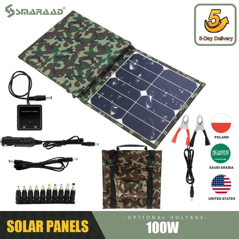 100W Fast Charge Interface Portable Foldable Solar Panel Dual USB Charger Outdoor Solar Cells Plate Power Bank Solar Energy