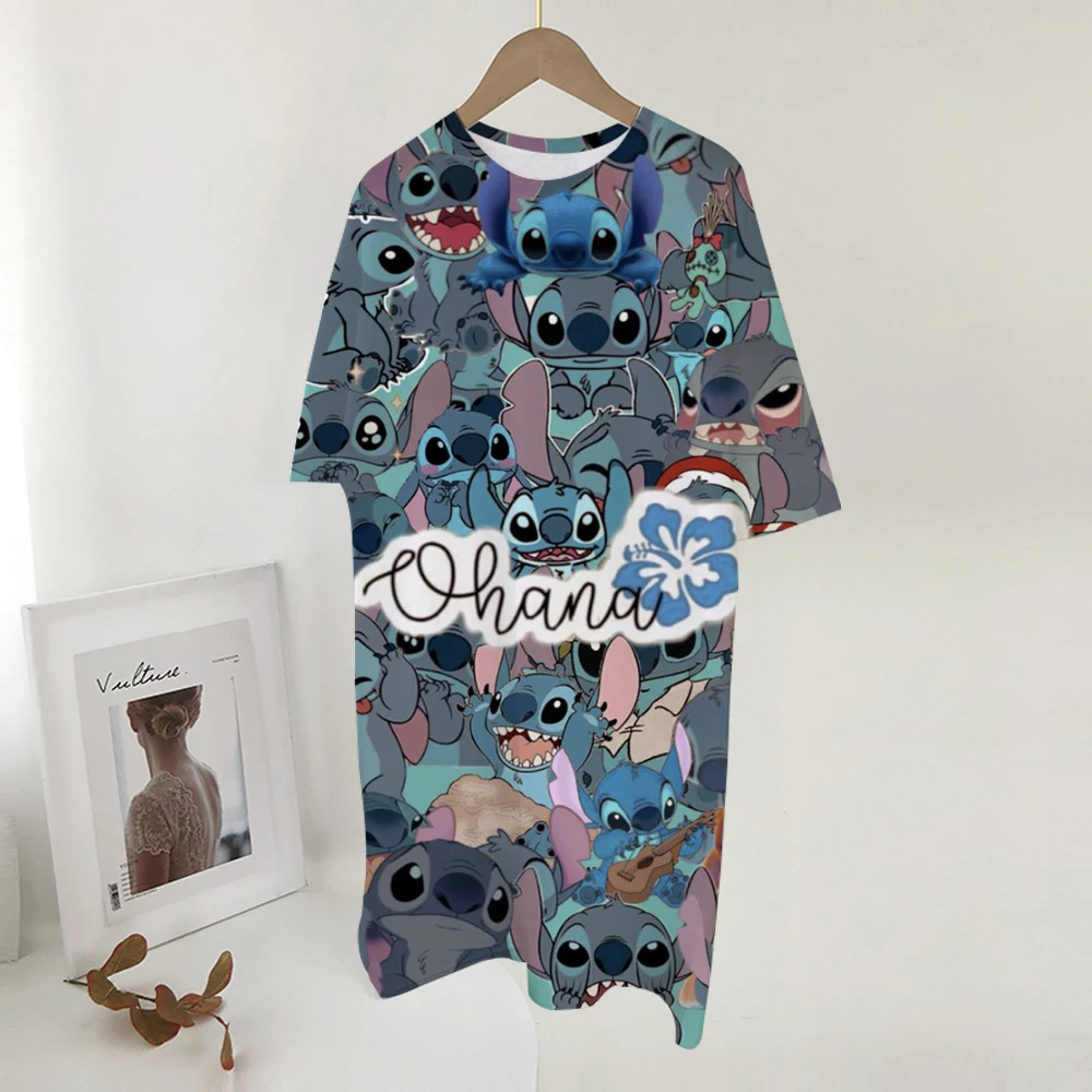 ディズニーステッチプリントドレス女性かわいい漫画半袖 O ネック Tシャツドレスファッション睡眠スカート毎日の基本的なドレッシング