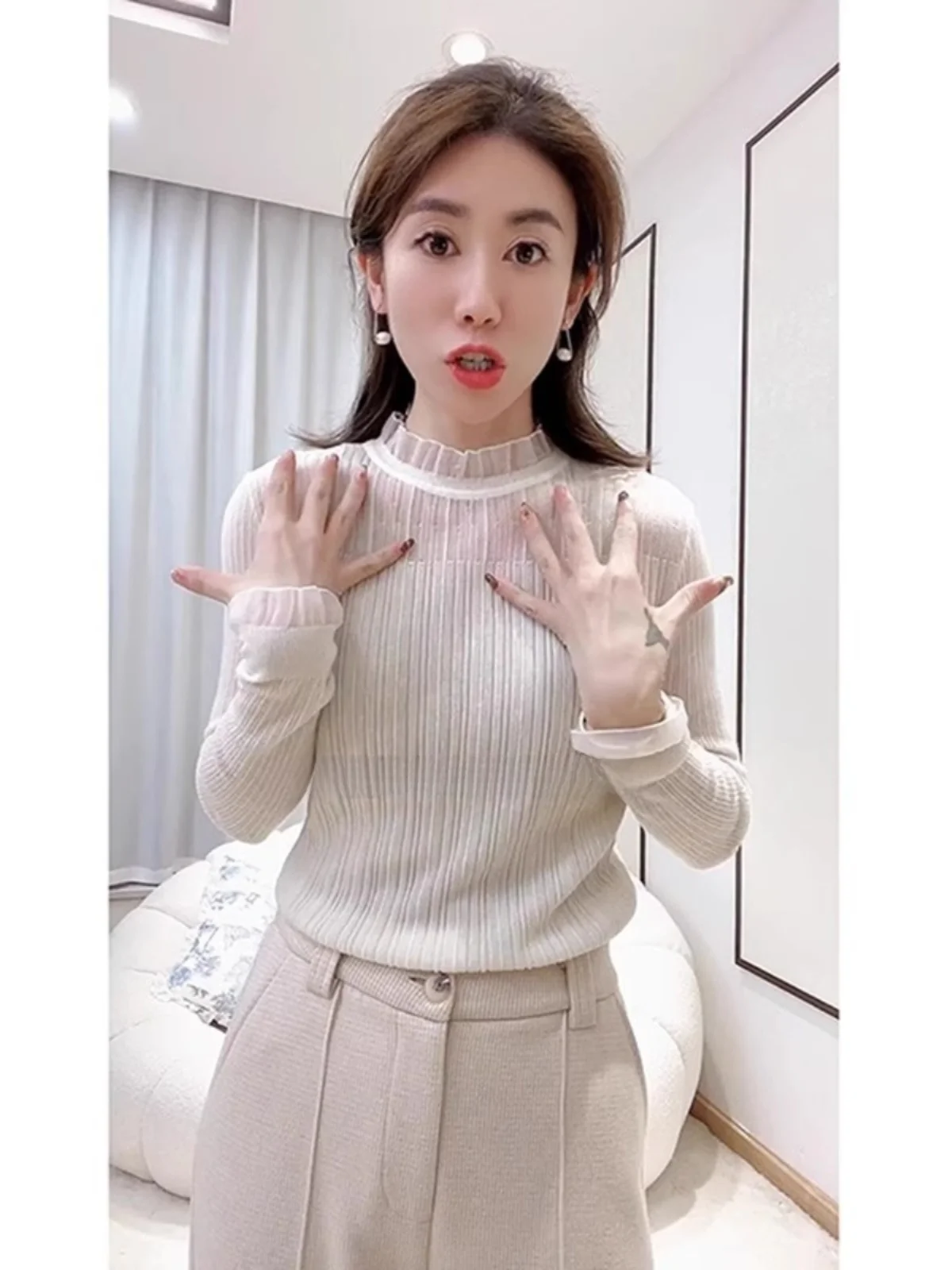 

Топ с кружевной отделкой Me Neline, женская модная осенне-зимняя блузка с высоким воротником и подкладкой, корейский облегающий топ