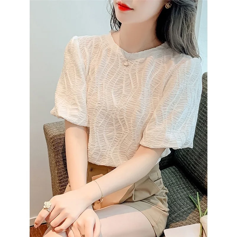 Chic Sweet Jacquard Green White Fashion Chiffon Top Blouse Women Summer Casual O Neck Puff Short Sleeve Slim Shirts Blusas Mujer