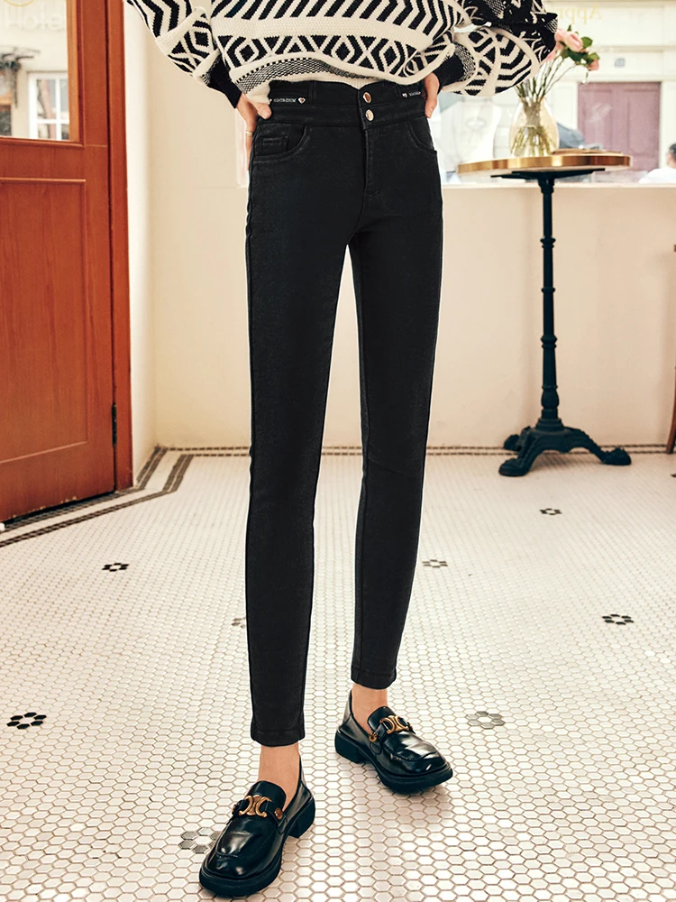 

OLrain Women's Black Jeans 2025 Winter High Waist Fleece Lined Skinny Pants Warm Office Ladies Commuter Trousers O22DA66253