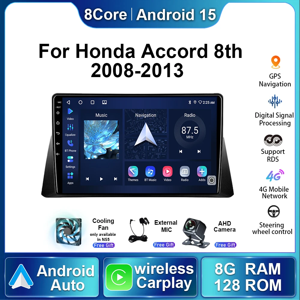 

5G головное устройство, автомобильный радиоприемник с сенсорным экраном для Honda Accord 8 2008-2013, Android15, авторадио, мультимедийный плеер, беспроводной Carplay GPS Navi