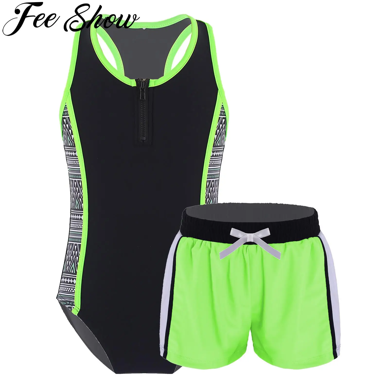 

Kids Girls Swimsuits Sets Beachwear Outfit Round Neck Sleeveless Racer Back Short Swimming Jumpsuit with Boyshorts Swimming Suit