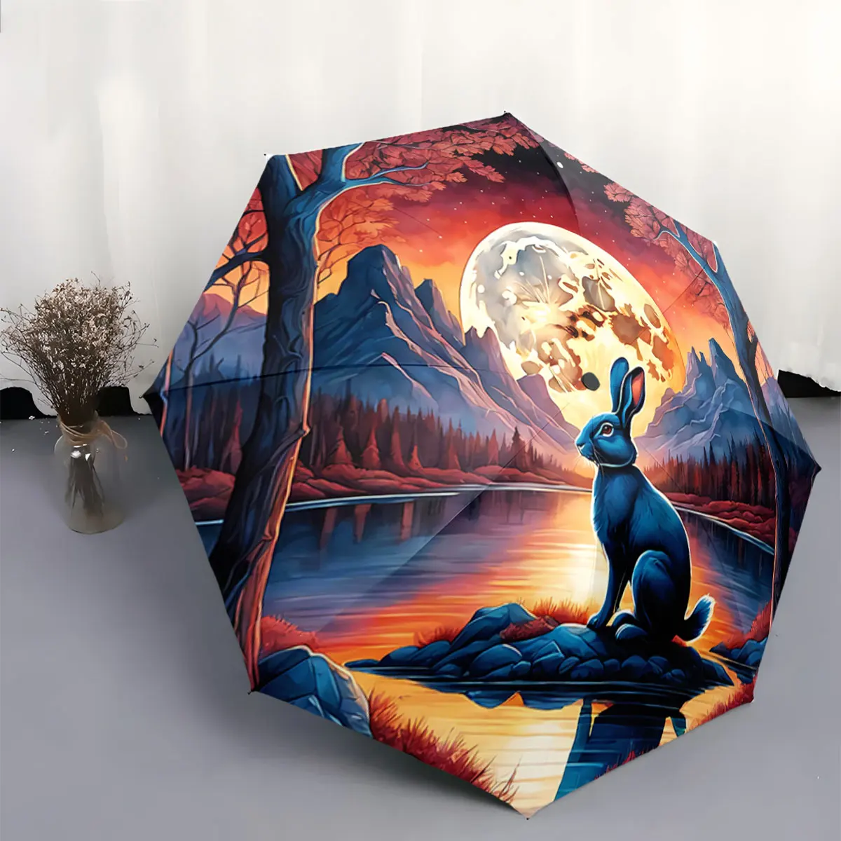 Rabbit Under Full Moon Magical Sunset Landscape portable waterproof sun rain umbrella for outdoor travel beach