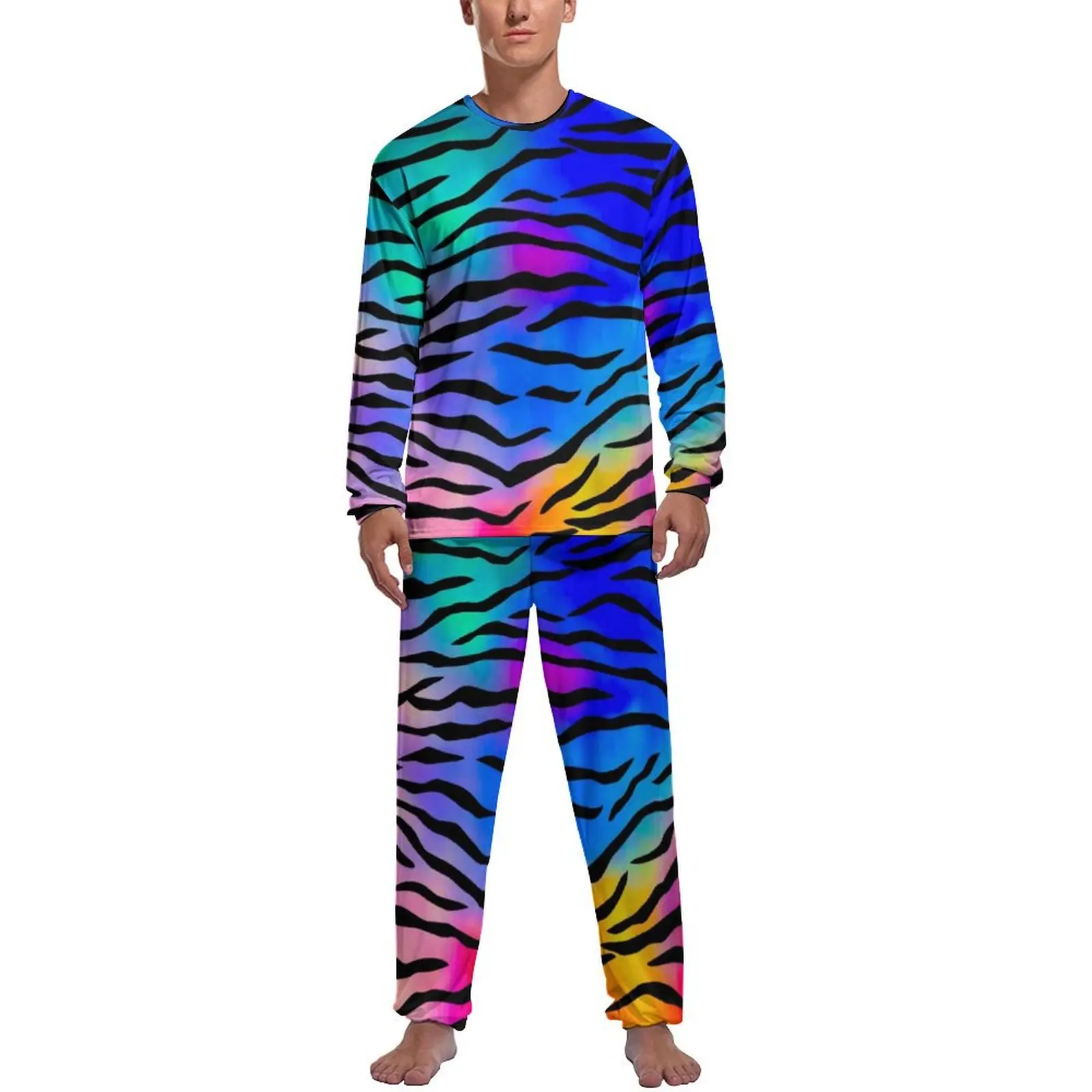 

Tiger Stripes Pajamas Men Abstract Line Print Kawaii Nightwear Daily Long Sleeve 2 Pieces Night Design Pajama Sets