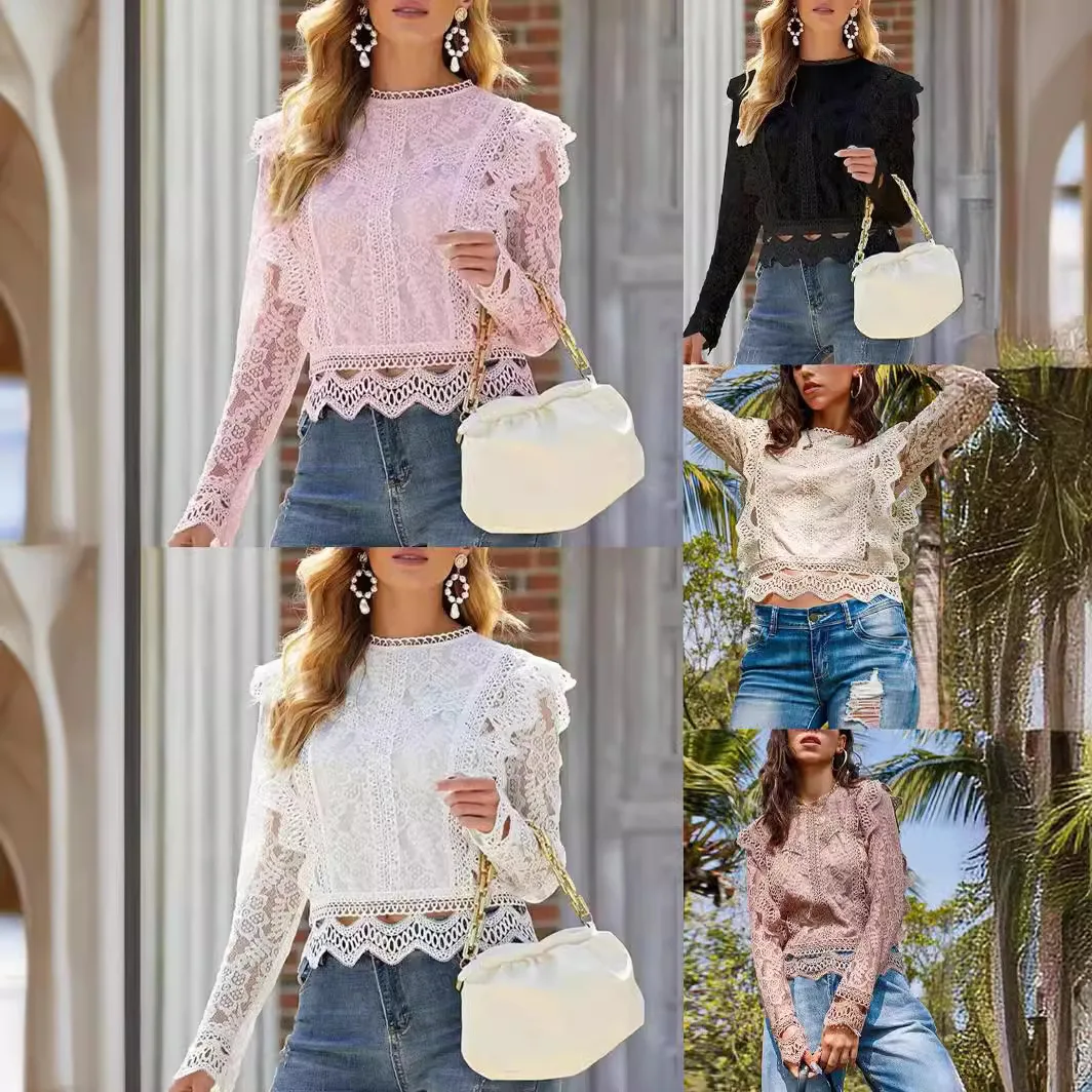 

Lace shirt 2024 Europe and the United States new sexy hollow lace long sleeve fresh sweet blouse