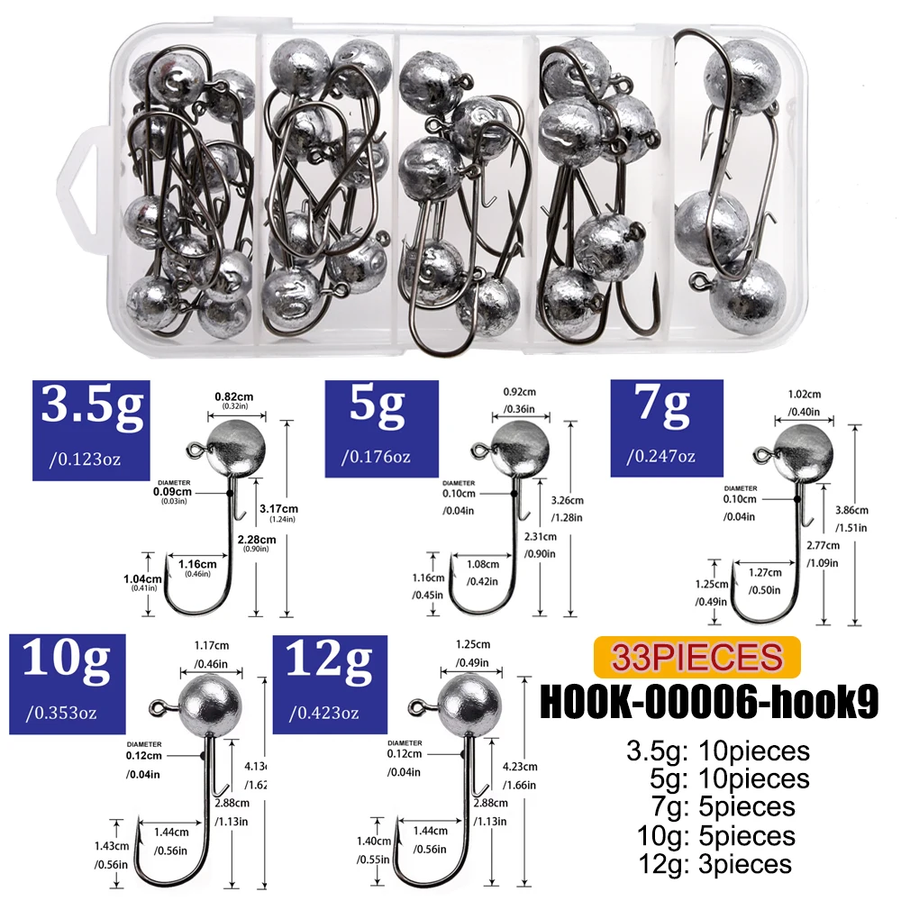 Mrlurion Box-Set 1g 2g 3g 5g 7g 10g 15g 17g 20g Jigkopf-Angelhaken-Kit für Barsch, Barsch und Forelle, Weichplastik-Soft-Worm-Haken