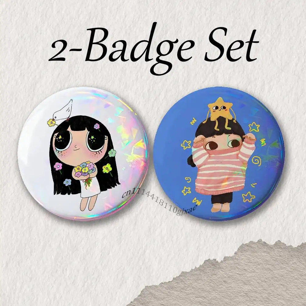 YUY Freckle Big-Eyed Doll Brooches for Backpack Accessories 25,32,44,58,75mm Round Enamel Pins 2-piece set Cartoon Anime Badge