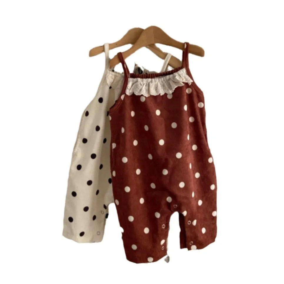 2024 Spring New Girl Infant Dots Print Lace Overalls Baby Fashion Suspenders Pants Toddler Cotton Jumpsuit Kid Casual Trousers