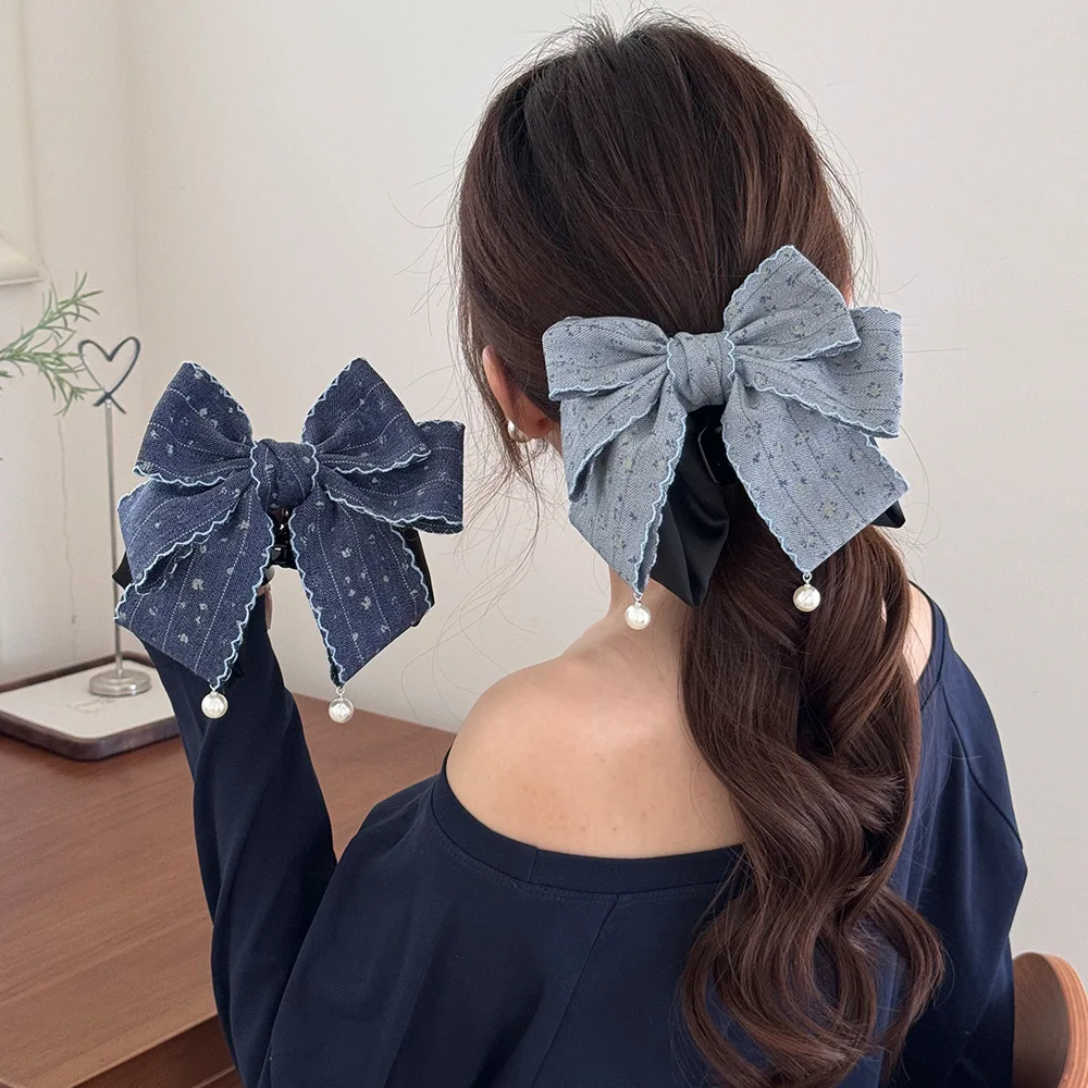 French Style Sweet Girls Ponytail Top Gray Bow with Floral Patterns Back Head Ponytail Clip Women Girls Hair Styling Accessories